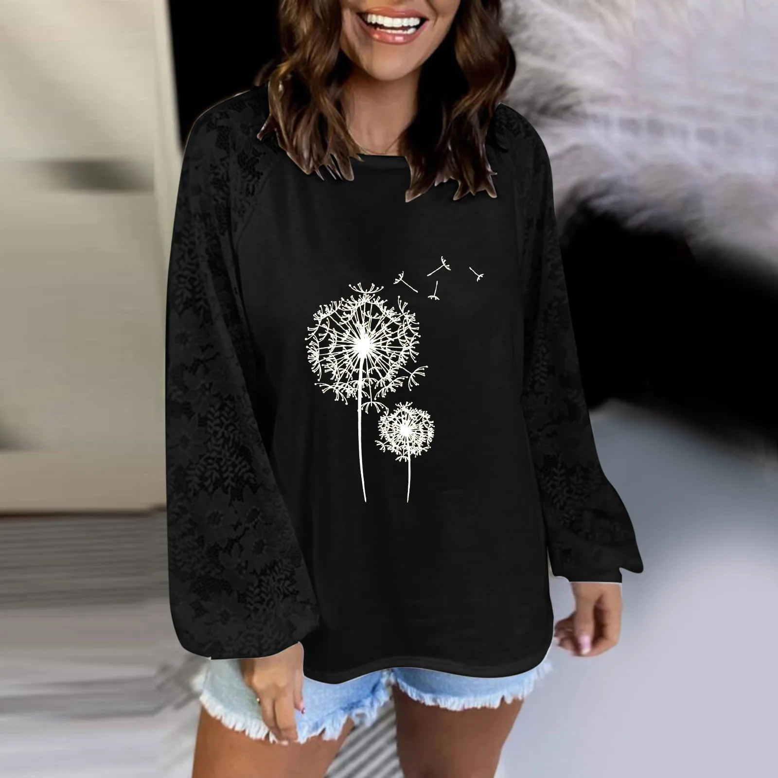 

Женские футболки, модные повседневные свободные топы с принтом одуванчика, пуловер, Ажурные кружевные Футболки с длинным рукавом и графиче...