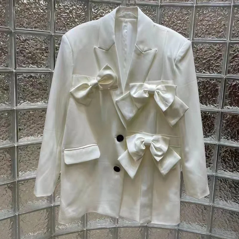 

Женский блейзер, пальто, весна 2022, пальто, верхняя одежда, женский пиджак с отложным воротником и бантом, повседневные белые и черные блейзер...