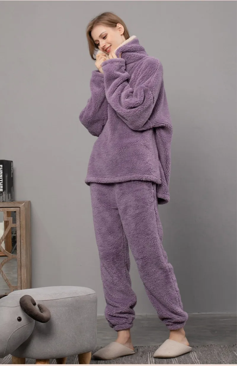 Women's Winter Warm Solid Color Suit Household Clothes Polyester Comfortable Skin-Friendly Plush Lapel Sleepwear