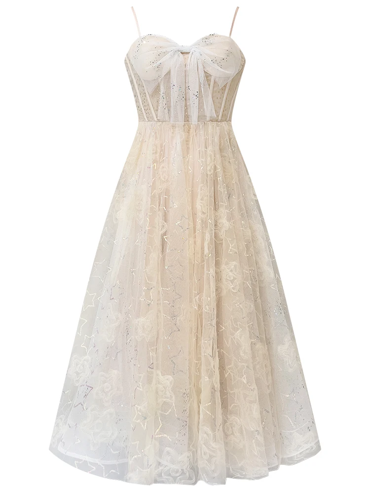 YIGELILA Fashion Women Birthday Dress Elegant Mesh Pearl Stand Neck Dress Empire Slim Dress Mid-length 67598
