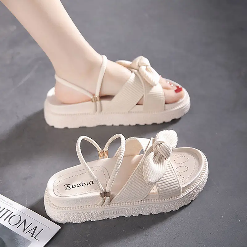 

2022 New Sandals Ladies Summer Fairy Style Fashion Student Thick Soled Roman Flats Indoor Slippers Slippers Bows