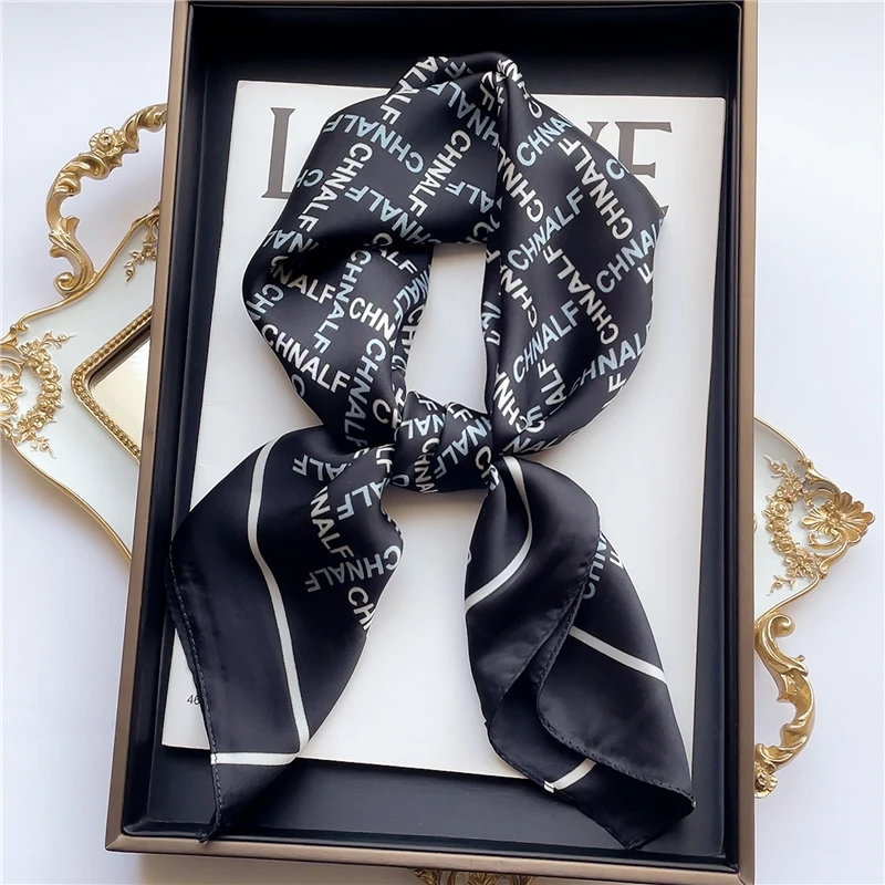 

New Silk Scarf Women Hair Band Foulard Neckerchief Square Shawls and Wraps Female Striped Print Lady Neck Headband Tie 2022