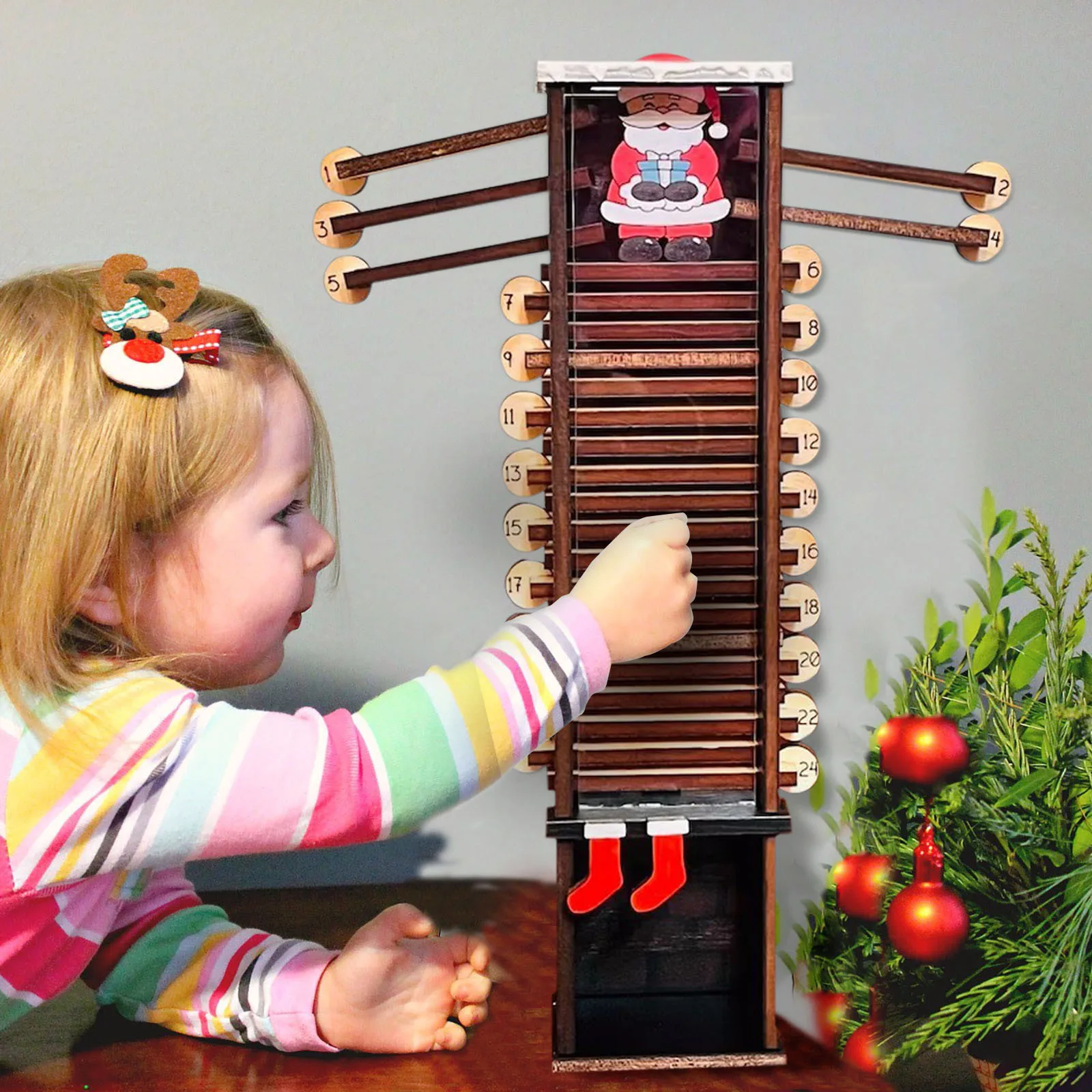 

Christmas 24 Days Countdown Calendar Wooden Santa Claus Down Chimney Countdown Calendar Xmas Gifts for Kids New Years Decoration