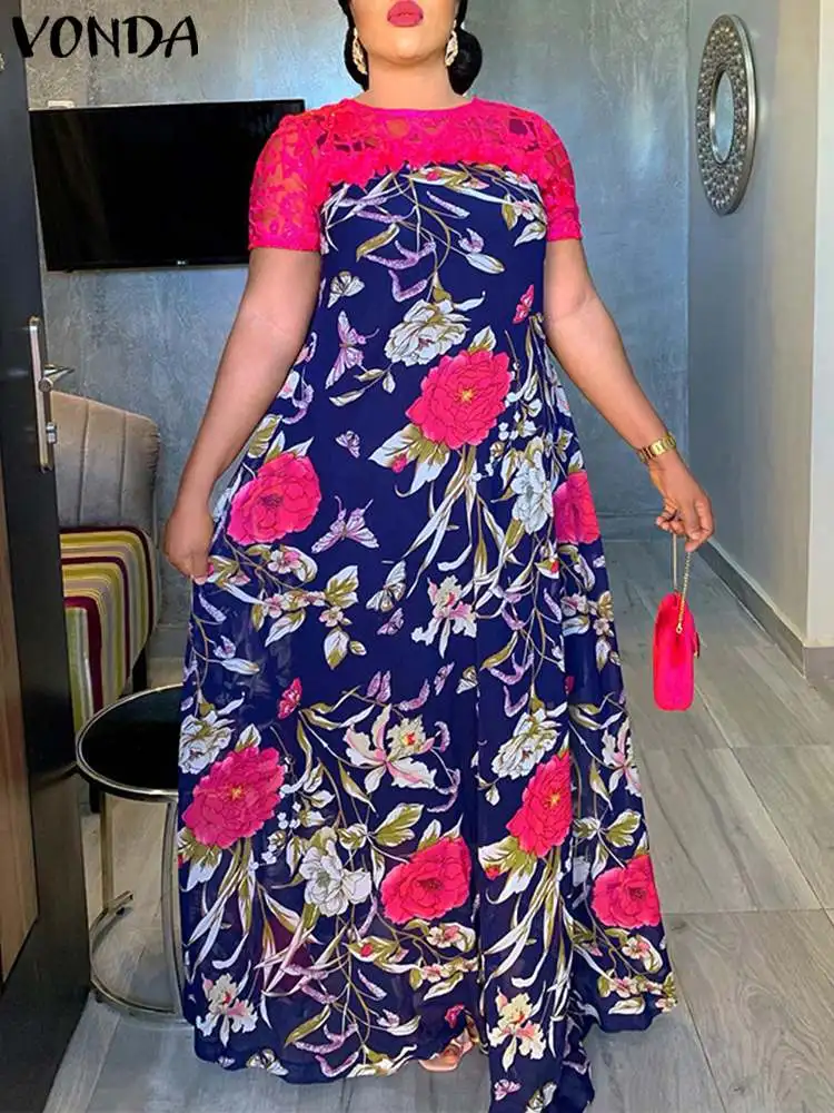 

VONDA 2022 Oversize Floral Printed Holiday Party Maxi Dress Femme Stylish Women Short Sleeve Sundress Lace Patchwork Maxi Robe