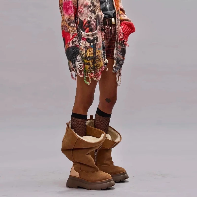 Зимние флисовые теплые меховые сапоги до колена для женщин 2025 г. нескользящие