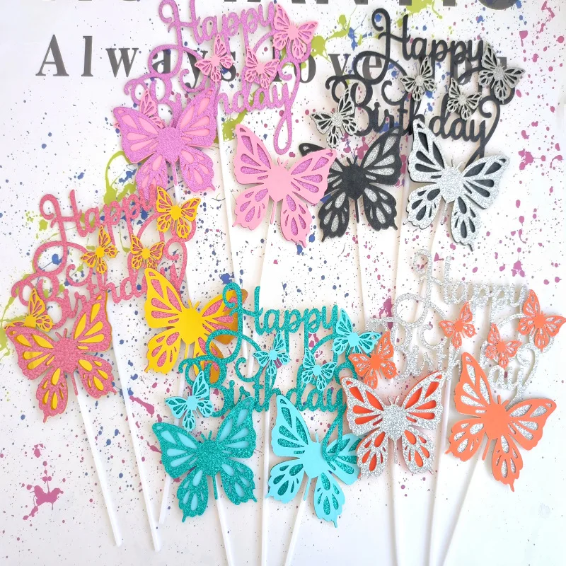 

3pcs INS Style Double Layers Glittery Paperboard Butterfly Happy Birthday Cake Toppers for Girl`s Boy`s Birthday Spark Cupcake