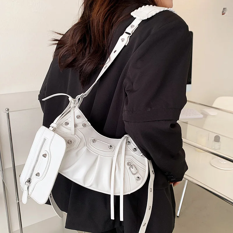 

Y2K Fashion Shoulder Bag Half Moon Fold Rivet Armpit Wallets for Women High Quality Luxury Brand Genuine Leather Clutch Handbags