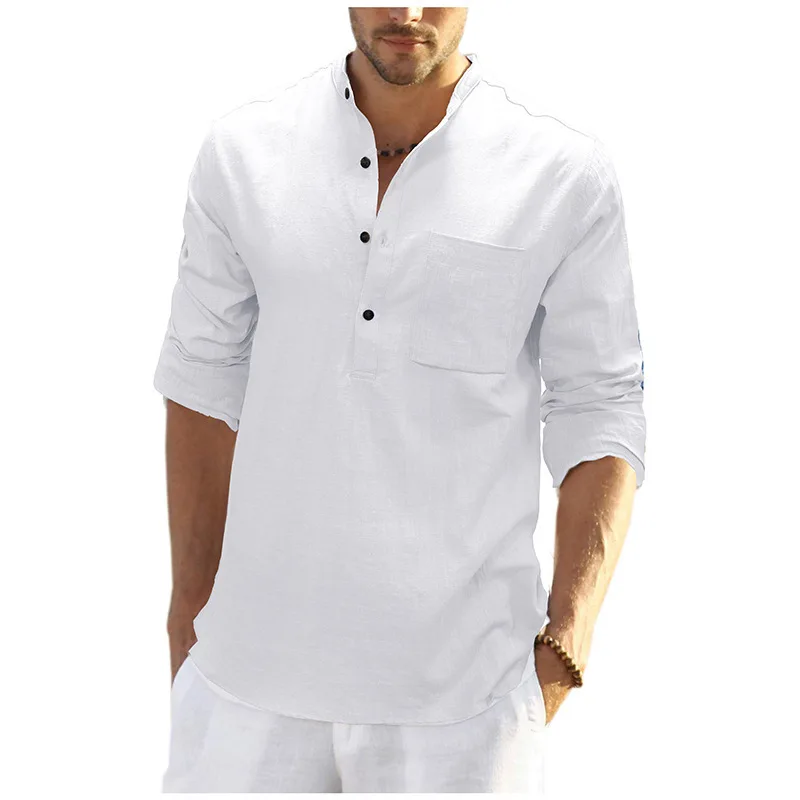 

New Men Shirt Autumn and Winter Cotton Linen Shirt Long Sleeve Henry Neck Top Loose Men's Linen Shirt