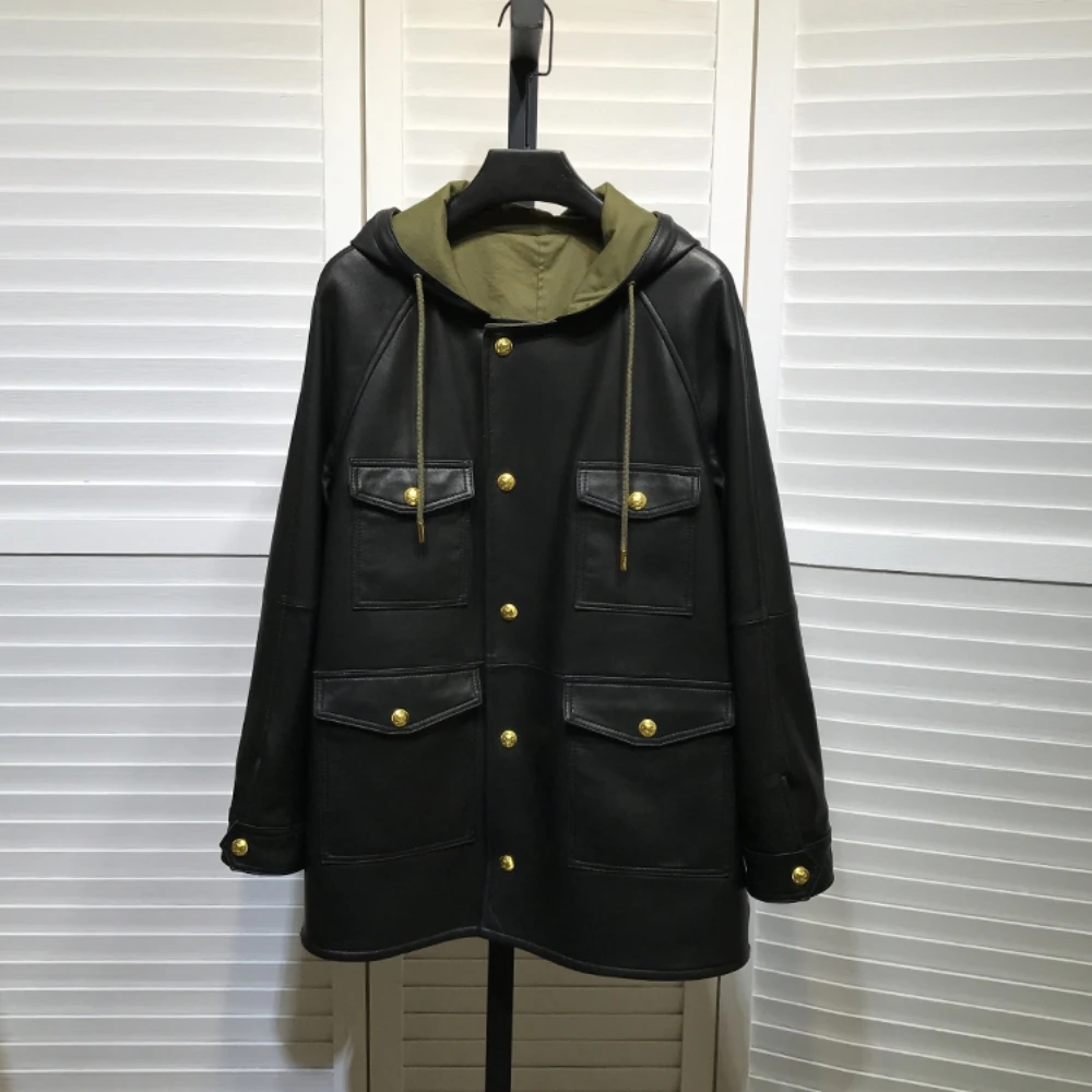 Женский тренчкот из натуральной кожи повседневное пальто с капюшоном модель C683 в