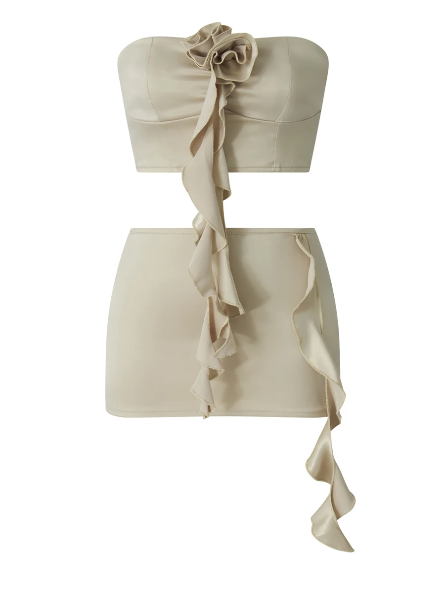 

Women Summer 2 Piece Outfits Rosette Floral Ruffles Tassel Crop Tank Top and Bodycon High Waist Mini Skirt Sets