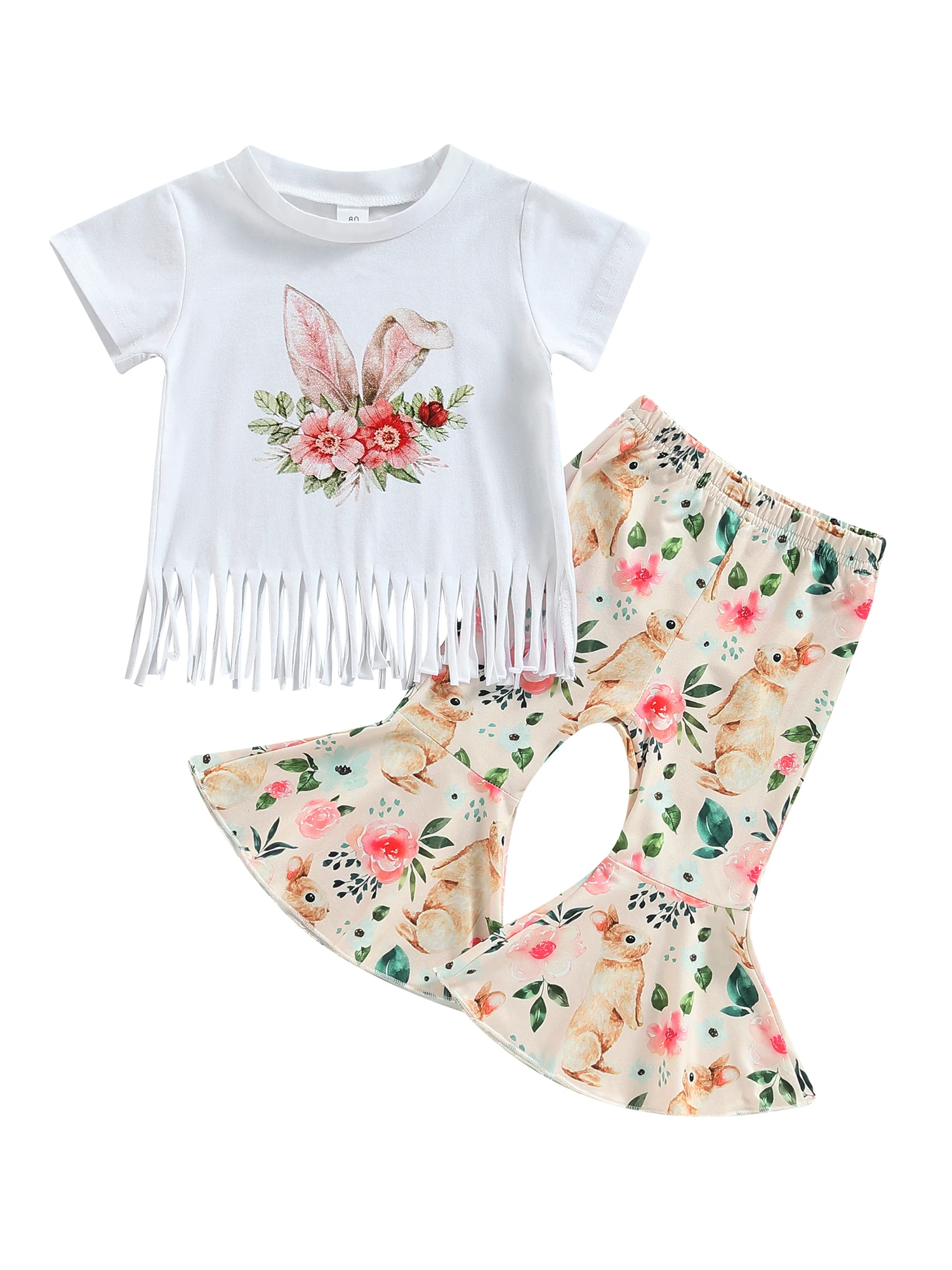 

Летняя одежда для маленьких девочек, футболка с коротким рукавом и бахромой, топ, расклешенные брюки с колокольчиками и повязкой на голову, ...