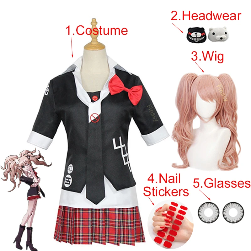 

Danganronpa Enoshima Junko Cosplay Costume High School Student Uniform Cafe Work Clothes Short Skirt Ponytail Wig