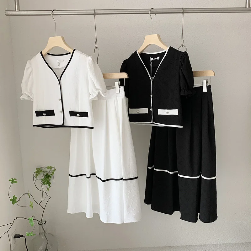 

French Ladies Suit Skirt Women's Summer Dress 2022 Fashion Jacquard Puff Sleeve Top + Skirt