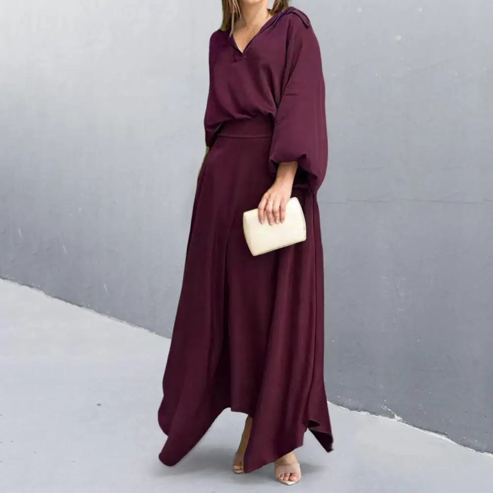 

2Pcs/Set Chic Lady Outfit Set Big Hem Lady Blouse Skirt Set Lantern Sleeve Pure Color Lady Blouse Skirt Set Loose