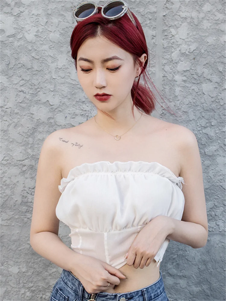 

Женский облегающий Топ без бретелек, повседневный пикантный однотонный топ с открытыми плечами и открытым пупком, Y2k, лето 2022