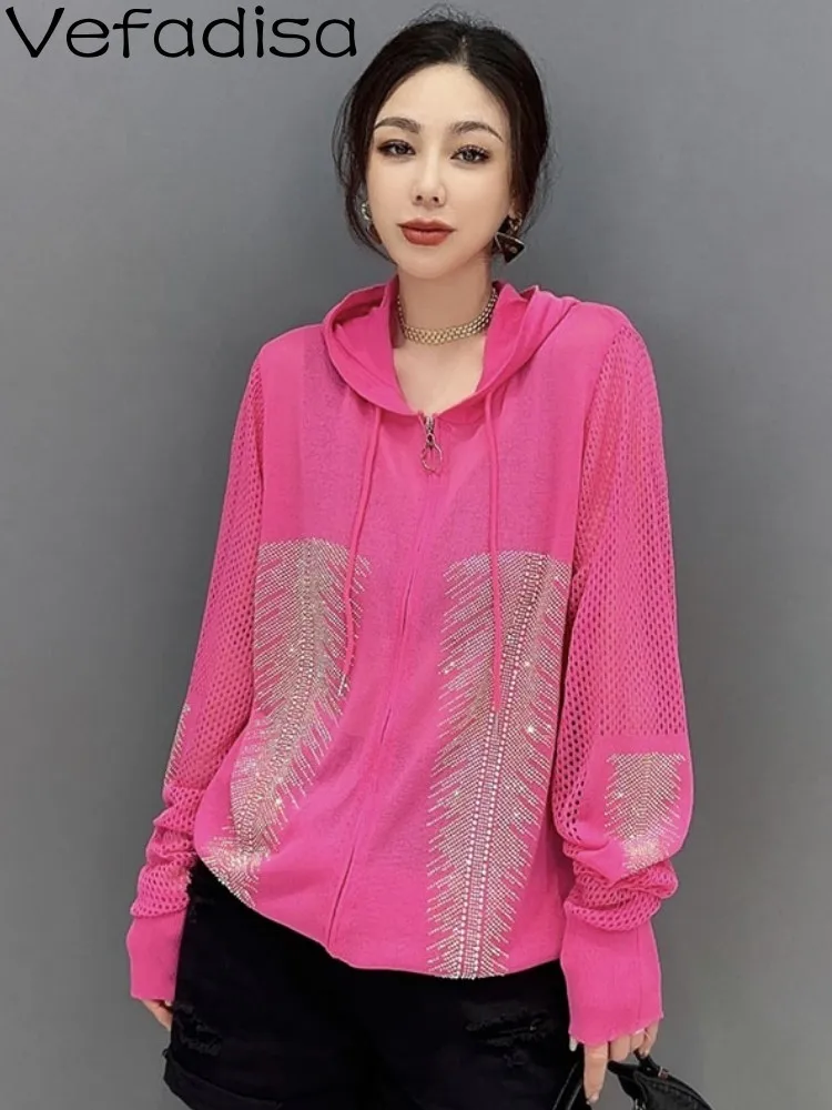 

Vefadisa2023 Summer New Women Long Sleeve Hooded Fashion Casual Sun Protection Personalized Top Stripe Black Red Overcoat ZY1321