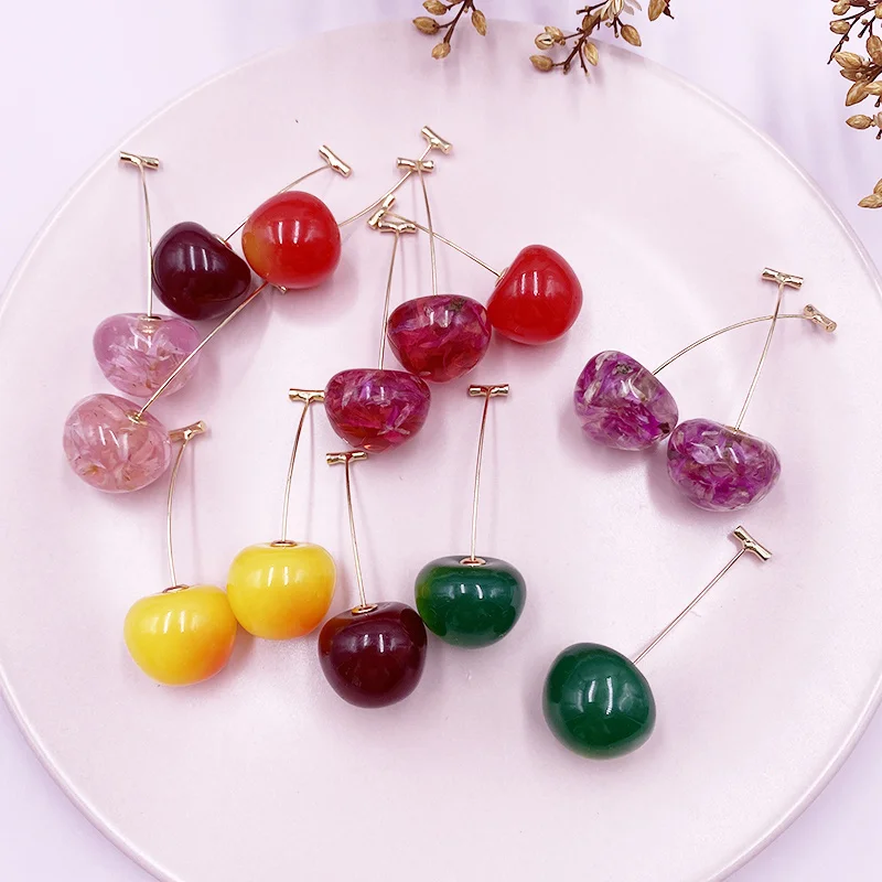 

Clear Resin Red Green Pink Cherry Hook Earrings for Women Mujer Gold Color Metal Fruit Dangle Earrings Wedding Jewelry Gifts