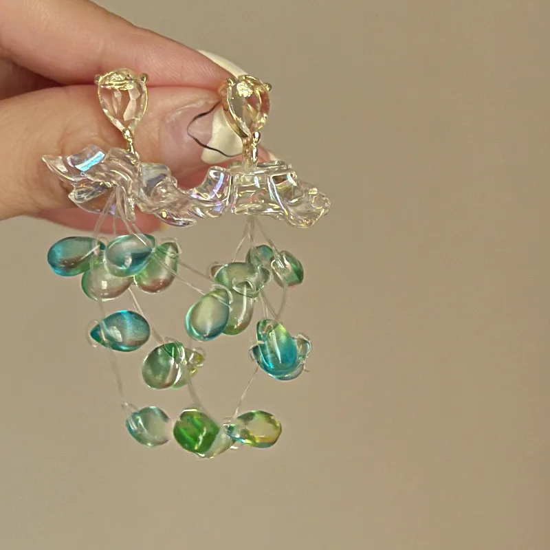 

S925 Sterling Silver Needle Green Flower Water Drop Earrings Romantic Super Fairy Jewelry