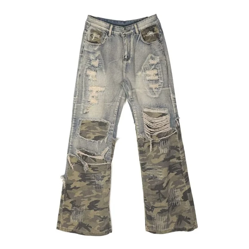 FEWQ High Street Американские камуфляжные микро-расклешенные джинсы с модным дизайном
