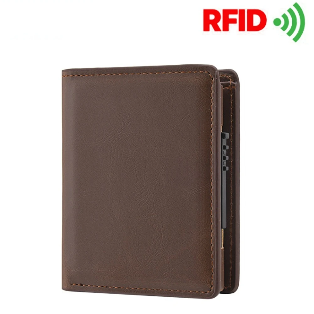 

New Men's Short Wallet Automatic Pop-Up Aluminum Alloy Card Holder Anti-theft Brush Anti-magnetic Card Case Retro Pu Wallet Men
