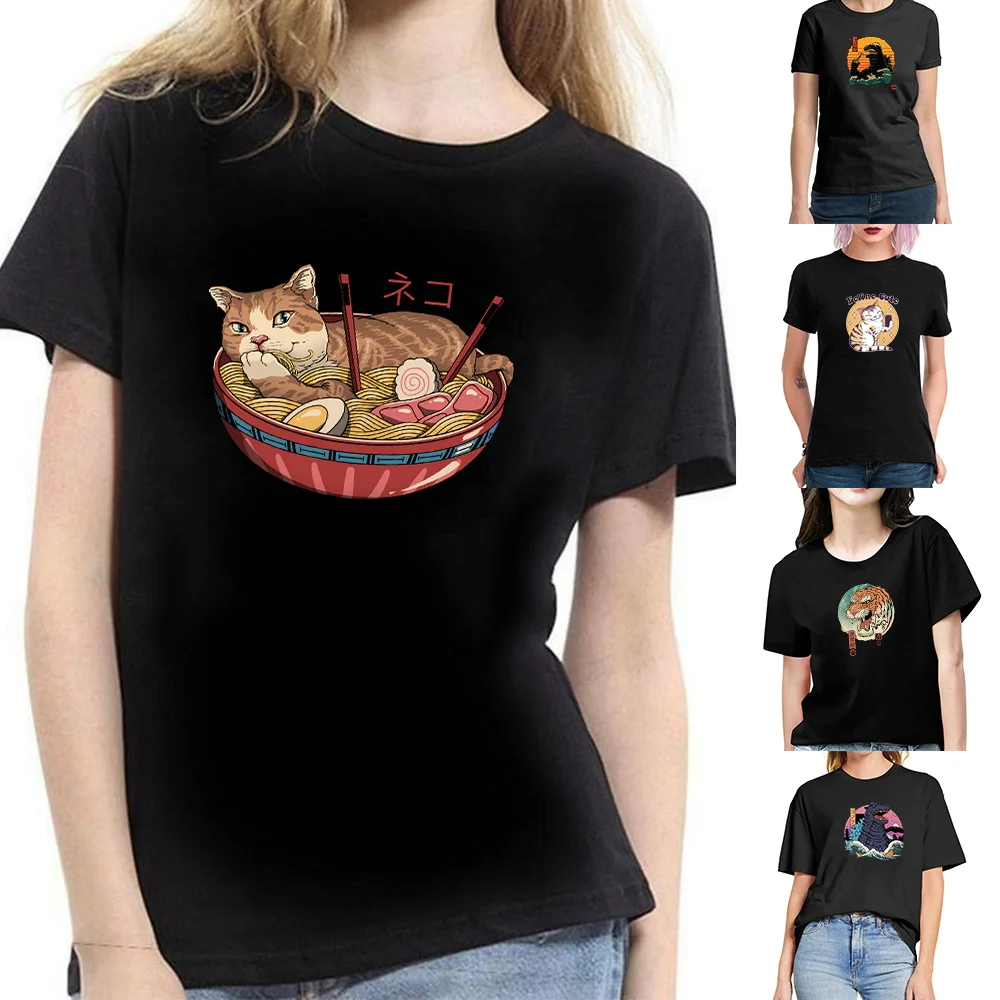 

Women T Shirt Japan Cat Print Tshirt New Summer Short-sleeve Harajuku Women's O-neck Casual Commuter Tops Tee Pullover Clothing