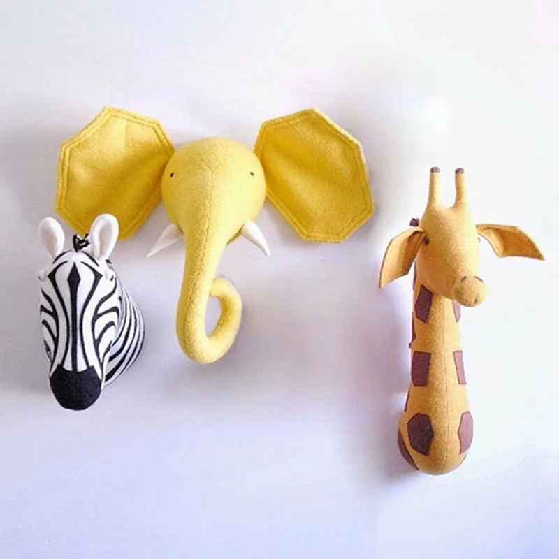 Baby Nursery 3D Animal Head Wall Mount Kawaii Stuffed Elephant/Giraffe/Zebra Wall Hanging Toys Kids Room Animal Wall Sculptures