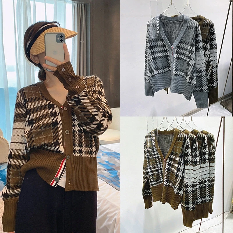 

TB Spot TB2022 Autumn and Winter New Houndstooth V-neck College Style Irregular Wool Cardigan Sweater Sweater Women