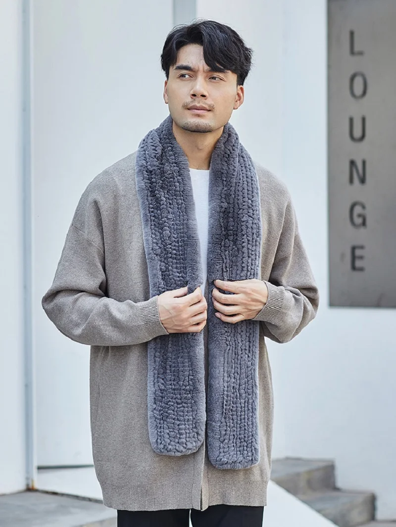 

Men Real Rex Rabbit Fur Scarf Wraps Unisex Winter Warm Neckerchief Muffler Wraps Hand-Knitted Grey Black