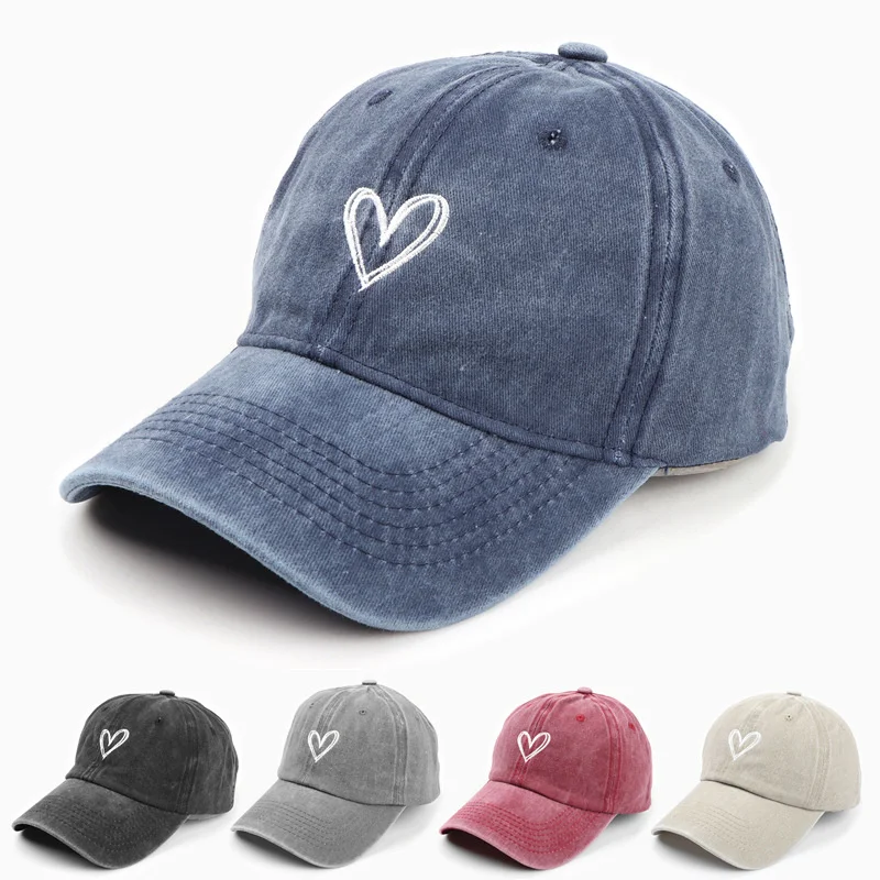 

Heart Embroidery Baseball Cap Retro Washed Cotoon Peaked Caps Curved Brim Snapback Sun Hat Hip Hop Fitted Hats Love Couple Gorra