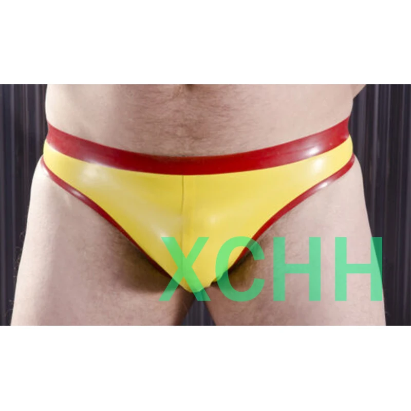 

Men's Briefs ,Thong Style Rubber, Contrast Waistband and Edge Trim Yellow with Red , 0.4mm LATEX