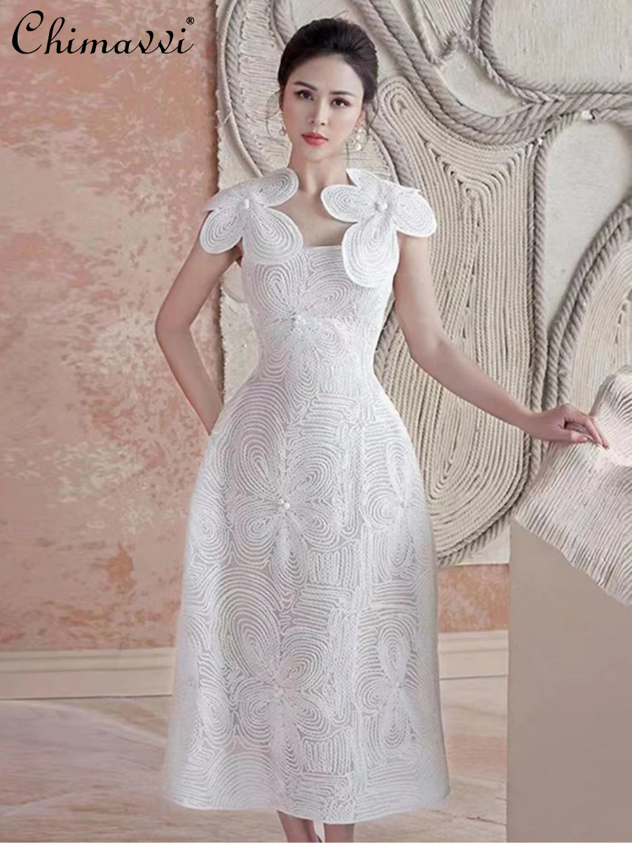 

Round Neck Sweet Petal Sleeve Solid Color A-line Dress Ladies 2022 Summer Embroidery Fashion Lace Slim Waist Dress for Women