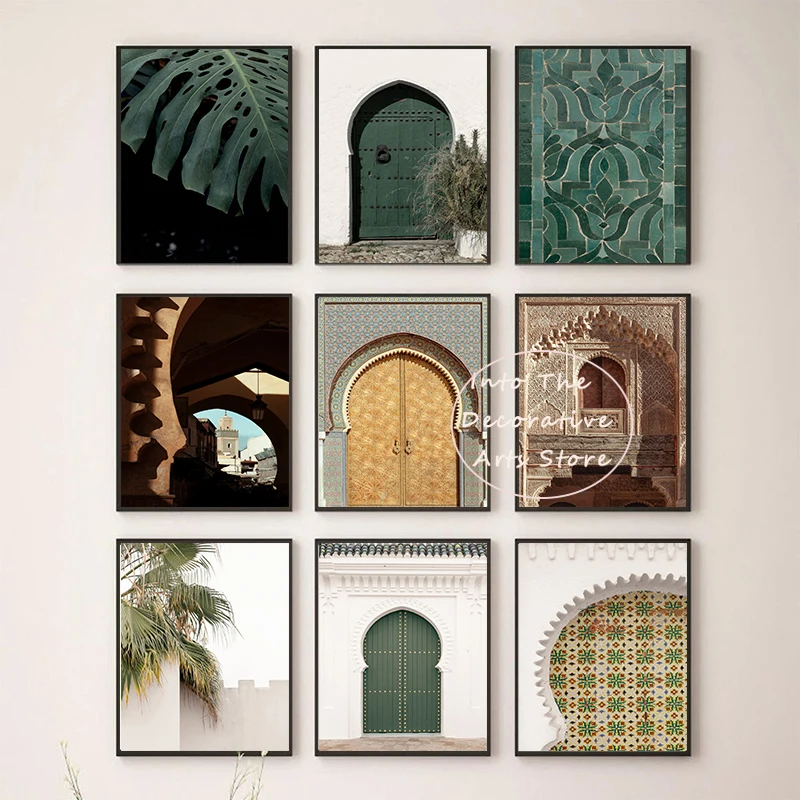 Винтажная архитектура для путешествий Марокко натюрморт ботанический зеленый