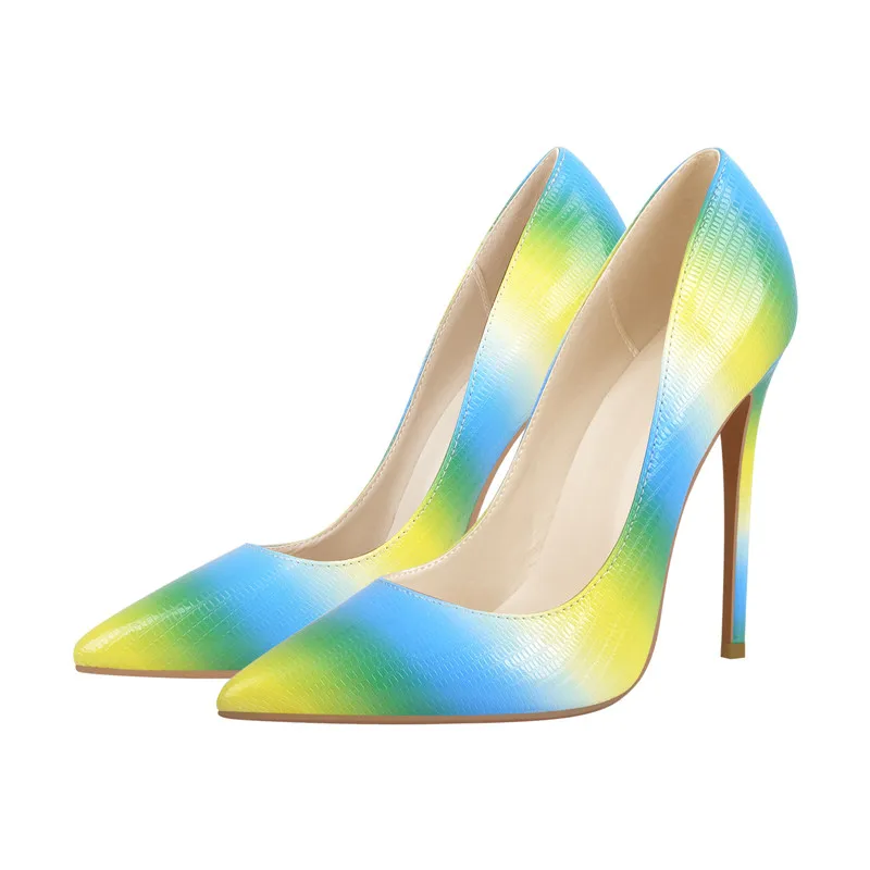 Onlymaker Women Rainbow Pointed Toe Stilettos Pumps Slip On Shoes Multicolor Patent Leather Shallow Thin High Heels