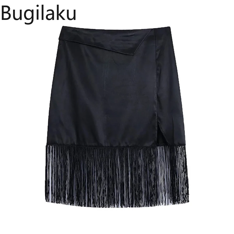 

Bugilaku High Waist Fashion Satin Skirts Women Tassel Solid Color Sexy Mini Jupe Femme New Arrival All-match Simple Faldas Mujer