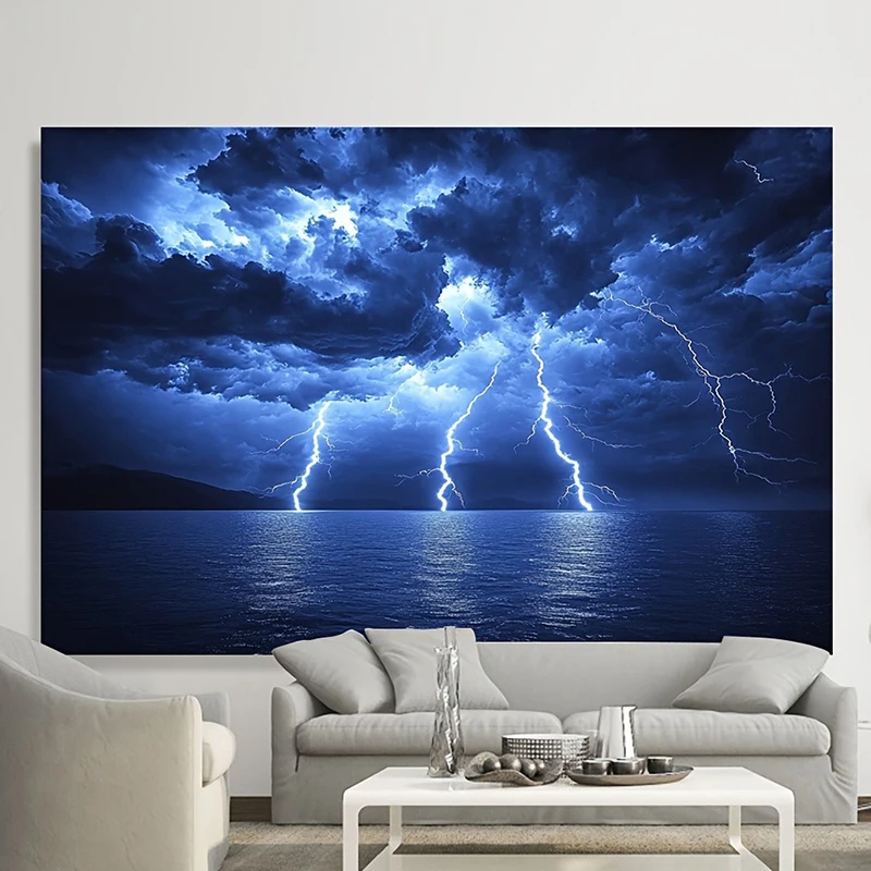 Фото Драматический настенный гобелен Lightning Storm Sea: смелый домашний декор ночной тематики для гостиной и спальни №3
