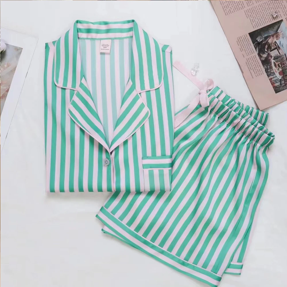 Wholesale Summer Ladies Pajamas Set Ladies Homewear Ice Silk Short Sleeve Ladies Pajamas Pajamas 2-Piece Set Free Shipping