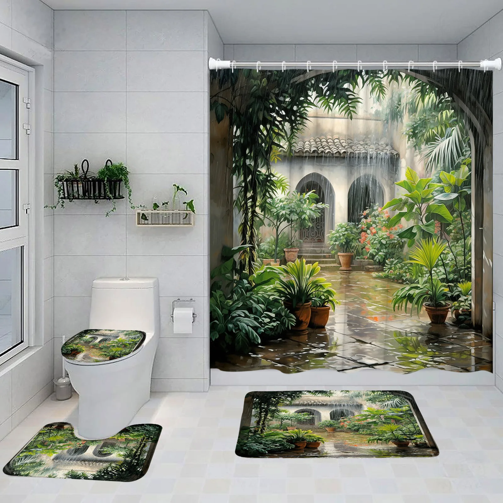 

Chinese Style Shower Curtain Vintage Wood Board Garden Building Green Plant Bamboo Pattern Bathroom Decor Curtain Set