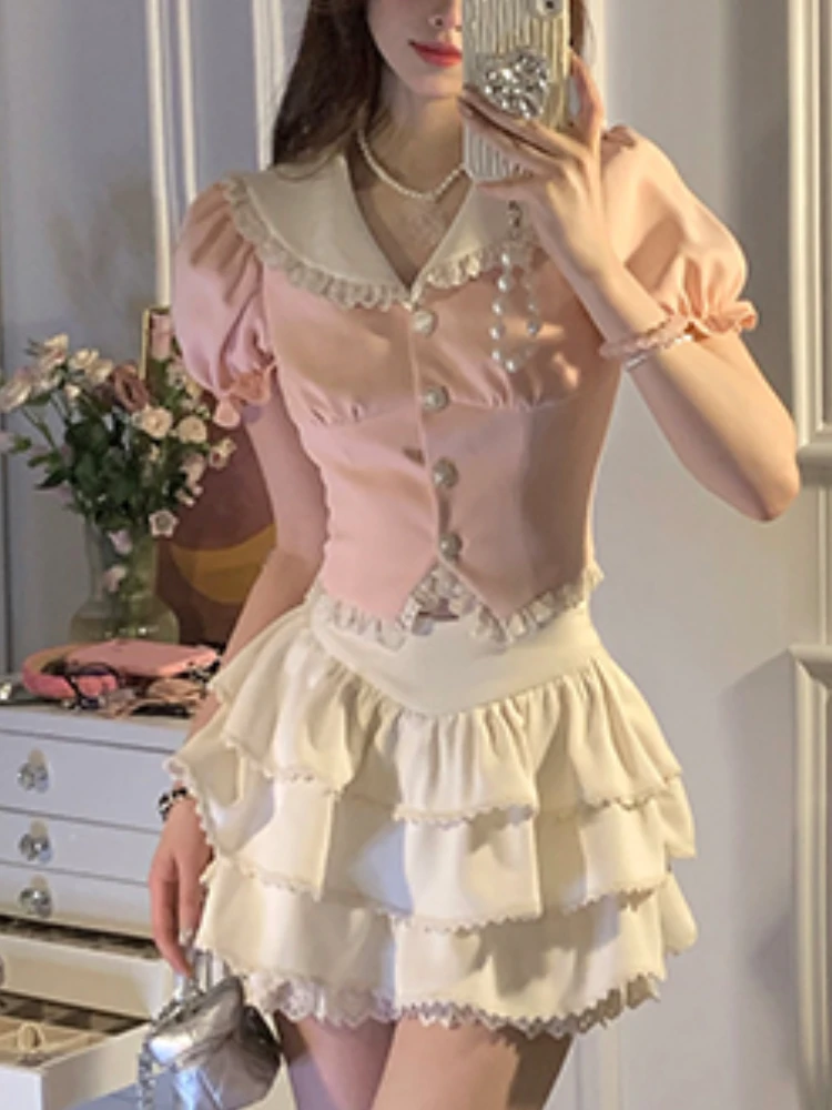 

Комплект из двух предметов в японском стиле каваи Лолита, женский кружевной милый мини-костюм в стиле колледжа, женская блузка с пышными рукавами + Корейская юбка для торта