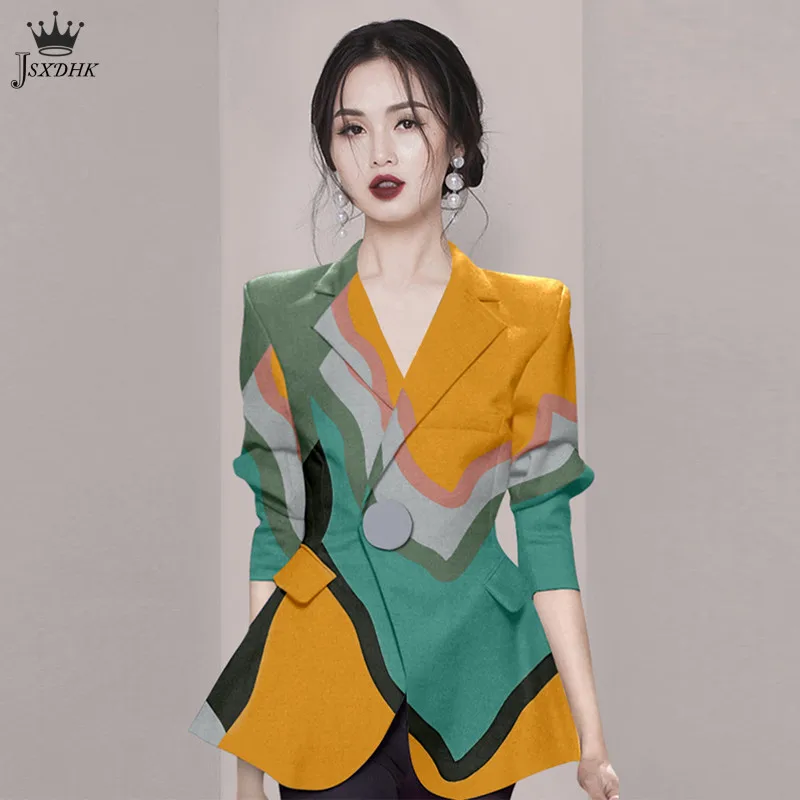 

JSXDHK 2022 Весенняя темпераментная куртка с принтом, верхняя одежда высокого качества, женский пиджак с отложным воротником и длинным рукавом с...