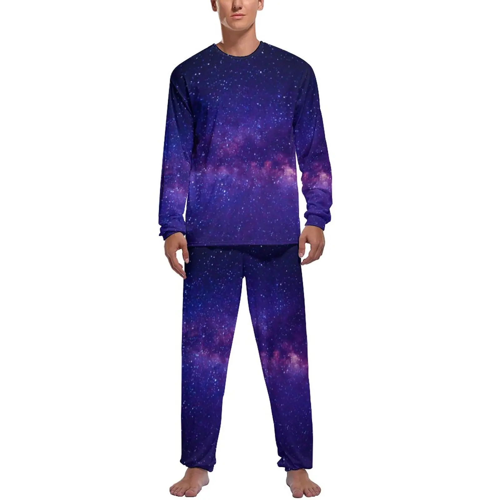 Purple Starry Night Pajamas Spring Galay Print Room Sleepwear Male Two Piece Graphic Long-Sleeve Warm Pajamas Set