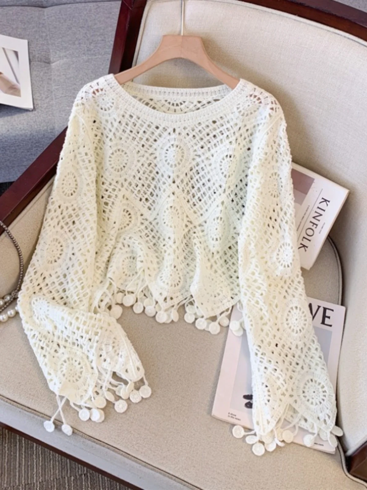 Дизайнерская ажурная вязаная накидка крючком для женщин осень большие размеры