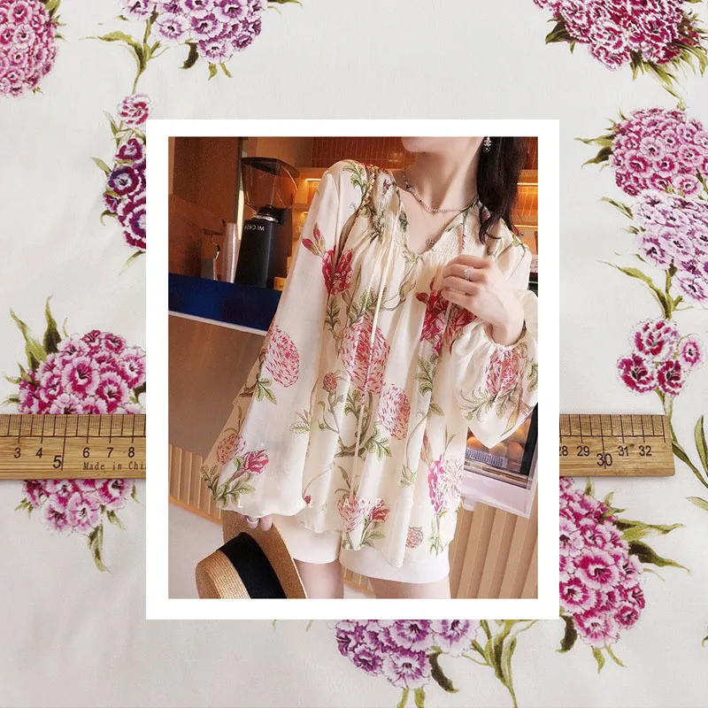 

New Purple Flower Silk Crepe De Chine Fabric Digital Printing Garment Shirt Haute Couture Handmade Brocade Challie Satin Fabric