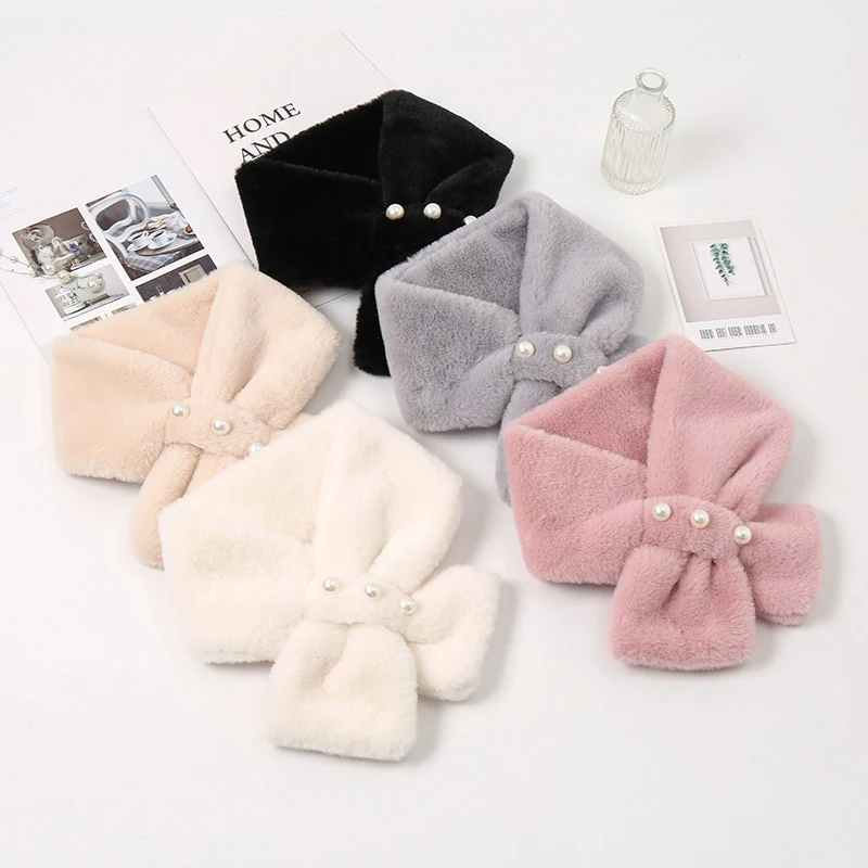

Korean Women Pearl Solid Color Winter Thicken White Cross Warm Scarf Cute Girl Faux Fur Collar Neck Guard Plush Scarve