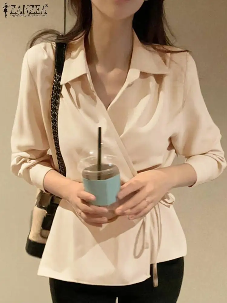 

ZANZEA Women Vintage Long Sleeve Shirts Fashion Solid Chiffon Blouse Casual Lapel V Neck Tunic Holiday 2023 Bandage Waisted Tops