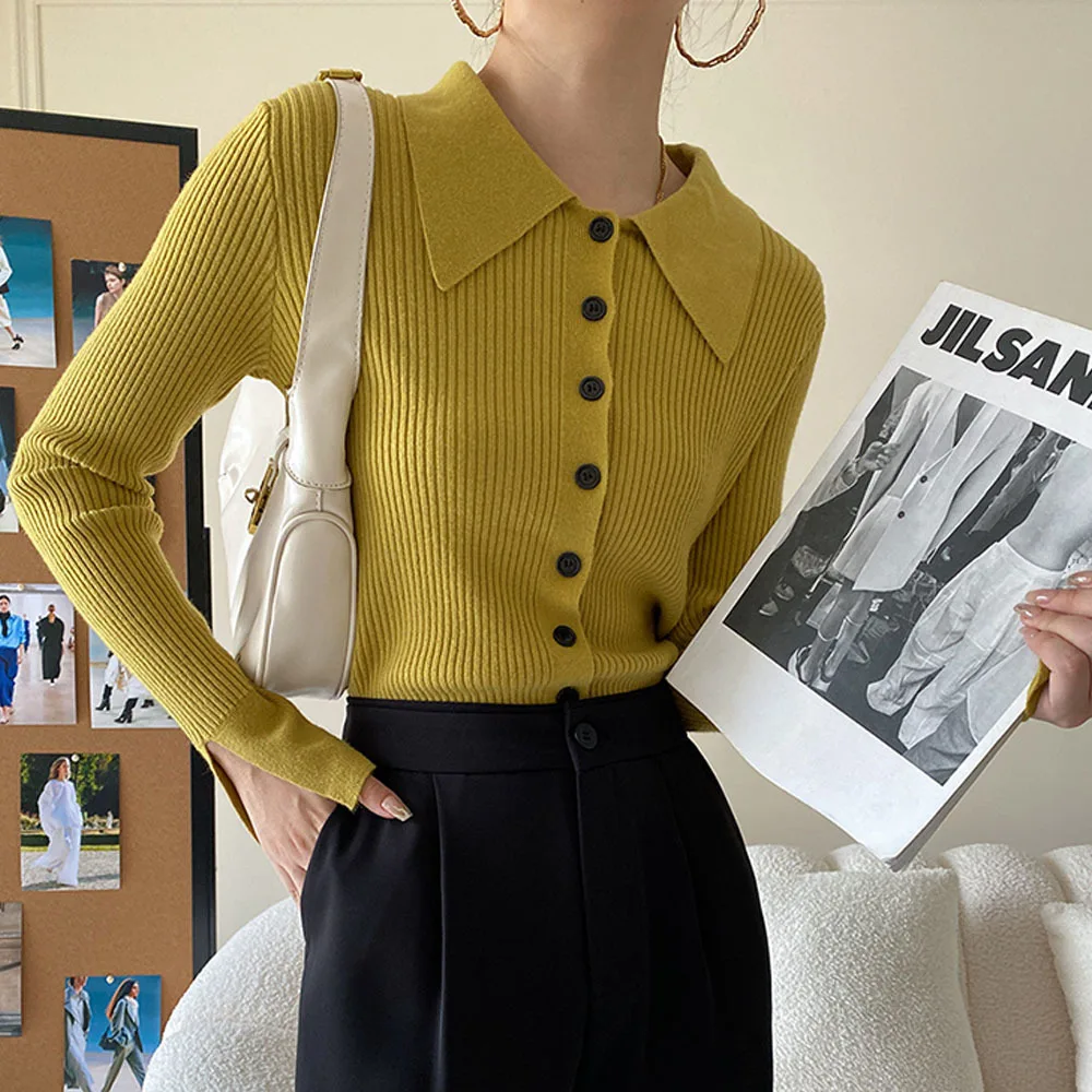 

Sweater Women's Polo's Neck Stripe Fitted Knitted Cardigan Casual Long Sleeve Button Tops Office Lady Slim Solid Color Knitwear