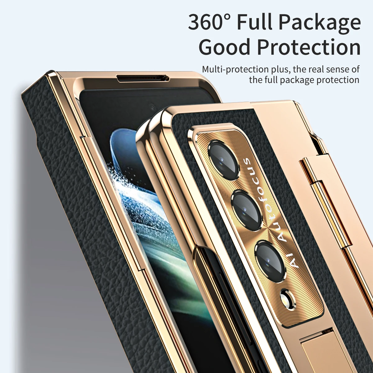 Plating Kickstand Leather Case For Samsung Galaxy Z Fold 4 3 5 Full Protection Shockproof Magnetic Credit Card Slot Wallet Cover