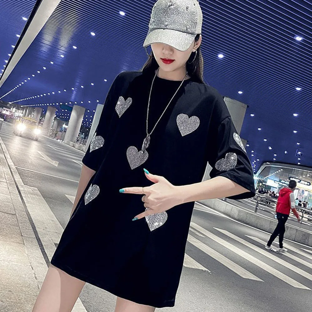 

4XL 45-150KG Summer High Quality Women T Shirt Hot Diamond Love Heart Tees Long Loose Short Sleeve Tops Red Female