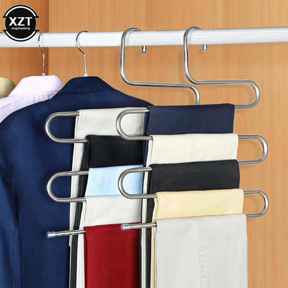 

New Multi-functional 5 in 1 Hanger for pants Clothes Adjustable Trouser Storage Rack Stainless Steel Shelf Closet Organizer