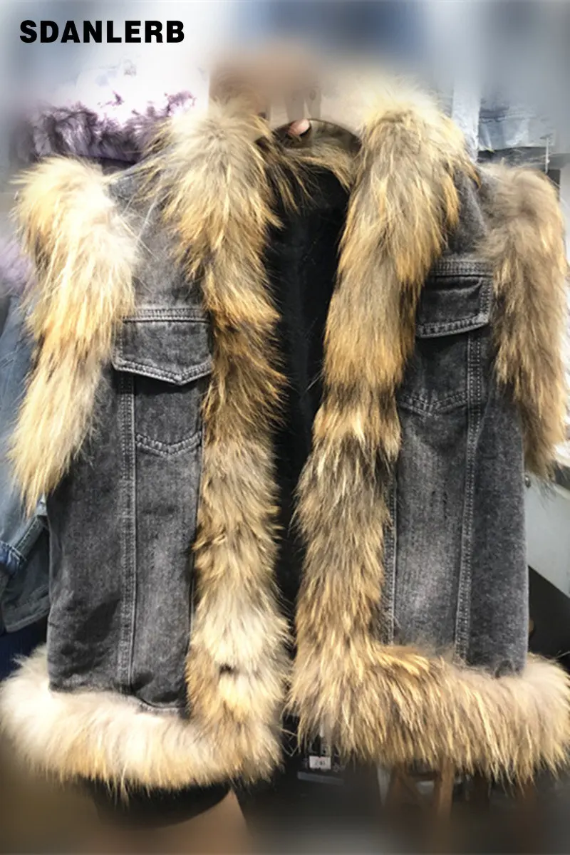 European Goods Winter New Western Style Personality Fox Fur Plus Cotton Denim Vest Coat Female Fur Fashion Outer Wear Waistcoat