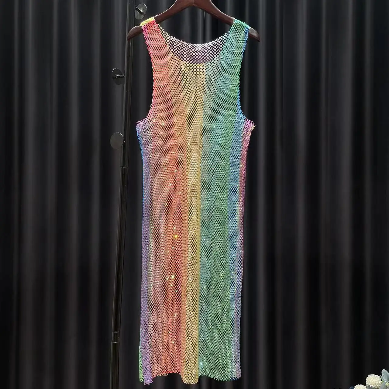 

Bling Diamond Rainbow Shiny Rhinestone Rainbow O-Neck Sleeveless Vest Dress Sexy See-through Mesh Short Dress Club Vestidos